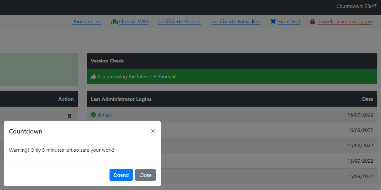 Admin Session Timeout Warning